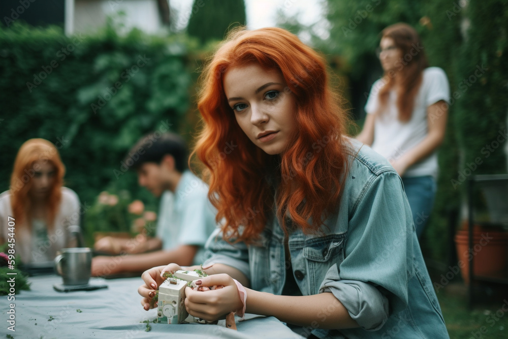 Fototapeta premium young adult woman or teenager outdoors in garden with friends or family, critical or jealous expression on face. Generative AI