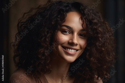 smile woman with a timeless, classic beauty. Her hair is styled in loose waves, and her makeup is subtle and elegant. Generative AI