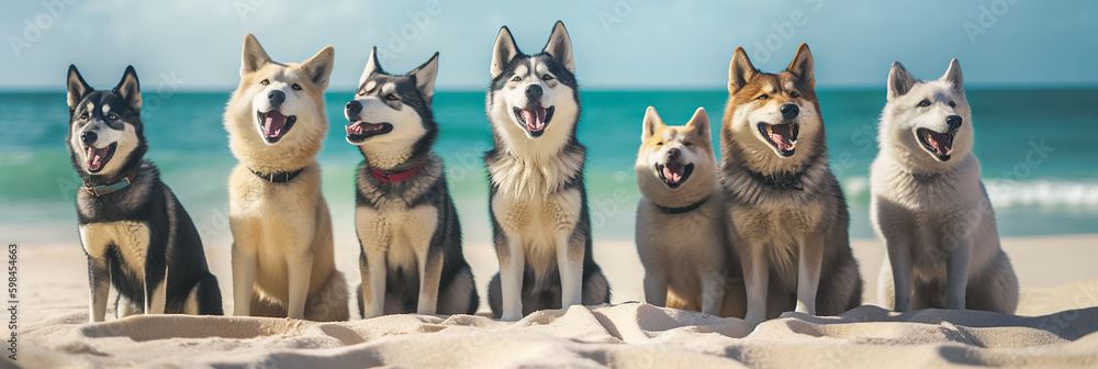 Funny big husky dogs singing on the ocean coast. Dogs are singing and playing on the sea beach. Generative AI