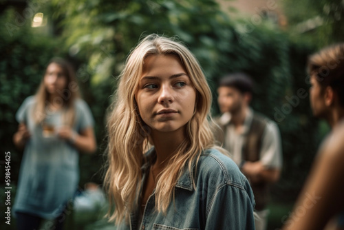 young adult woman or teenager outdoors in garden with friends or family, critical or jealous expression on face. Generative AI