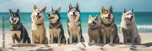 Funny big husky dogs singing on the ocean coast. Dogs are singing and playing on the sea beach. Generative AI