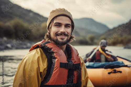 young adult man on adventure trip kayak on a river, fictional place. Generative AI © wetzkaz