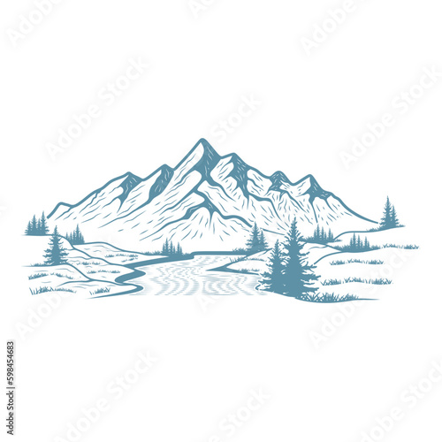 line art of mountains and pine trees, landscape outdoor scene vector illustration