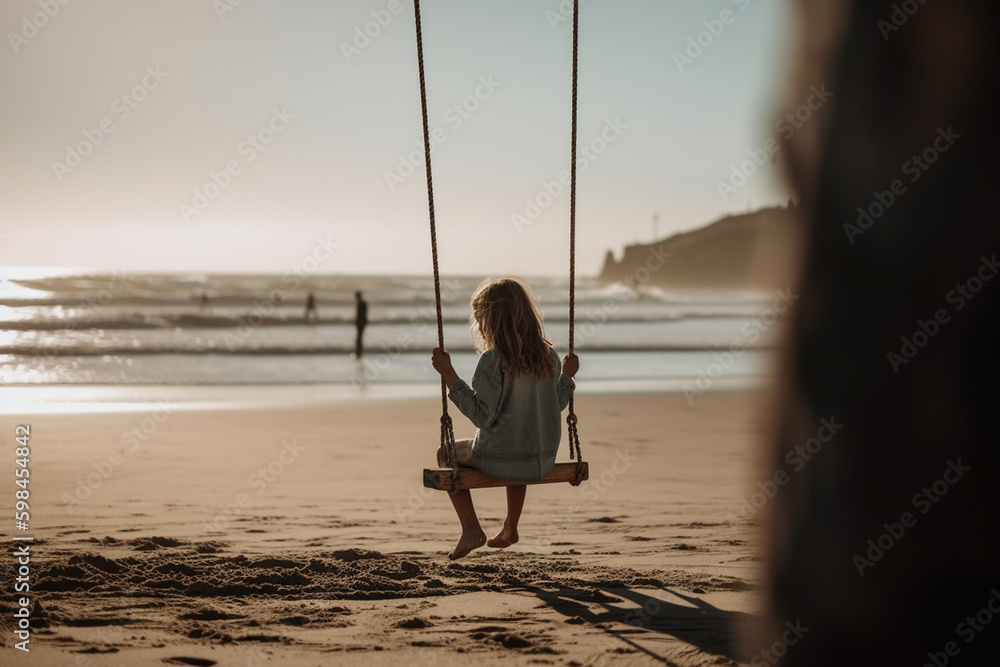 toddler girl alone on a swing at the beach. Generative AI