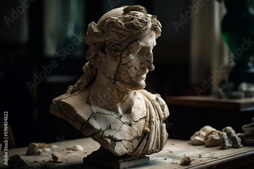 Broken ancient greek statue head falling in pieces. Broken marble sculpture. Generative AI