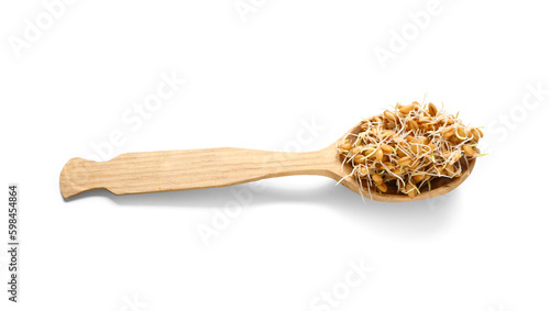 Wooden spoon with sprouted wheat on white background