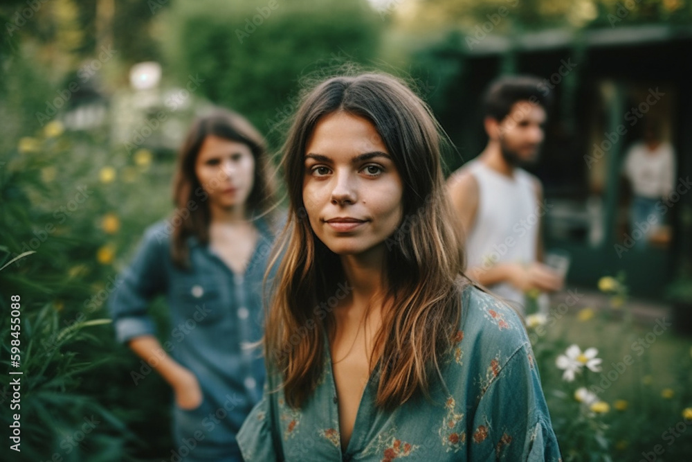 young adult woman or teenager outdoors in garden with friends or family, critical or jealous expression on face. Generative AI young adult woman or teenager outdoors in garden with friends or family, critical or jealous expression on face. Generative AI