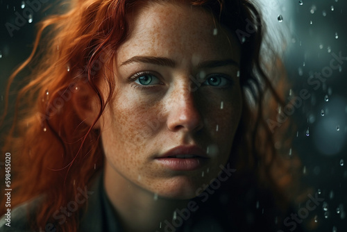 a woman with red hair, water drops, close-up intensity. Generative AI