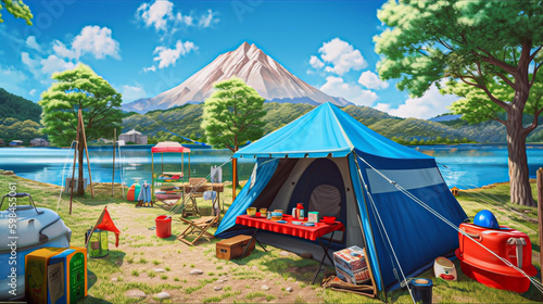 晴れた日に行うキャンプの風景　Generative AI © chobopapa