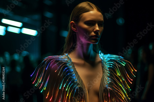 model walks down the runway wearing futuristic fringe dress and neon lights,  futuristic chromatic waves, strong contrast, layered mesh, iridescent rainbow core, kinetic curves. Generative AI © wetzkaz