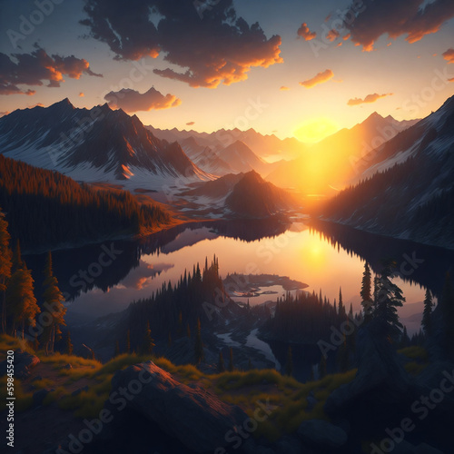 Beautiful Sunset View From Mountains With Lake and Forets Created Using AI Technology