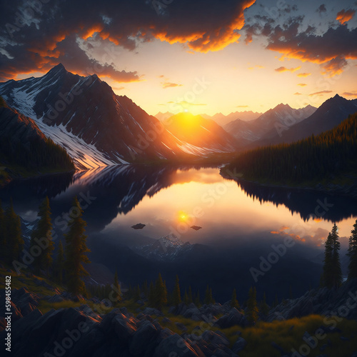 Beautiful Sunset View From Mountains With Lake and Forets Created Using AI Technology