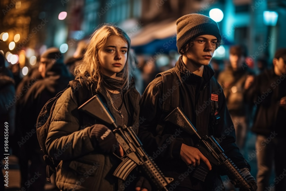 armed young adult people or adolescent girls and boys, on the street in a city, protesting and demonstrating violently or rioting and looting. Generative AI