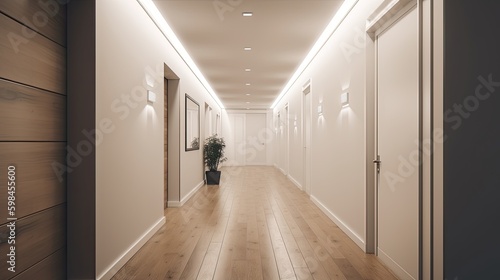 Clean and simple minimalist hallway with recessed lighting. generative ai