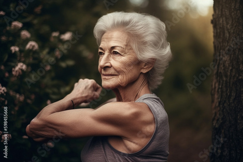 Elderly woman celebrates her fitness achievements by flaunting her bicep outdoors , natural lighting. Generative AI