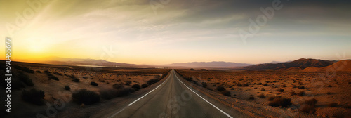 Road to horizon in desert landscape on sunset. Travel concept. Generative AI