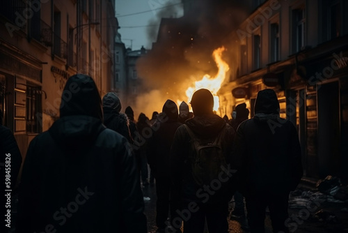 fictional looting or demonstration  robbery or theft  masked men on a street in a city commit violence with fire or a explosion and mass of people. Generative AI