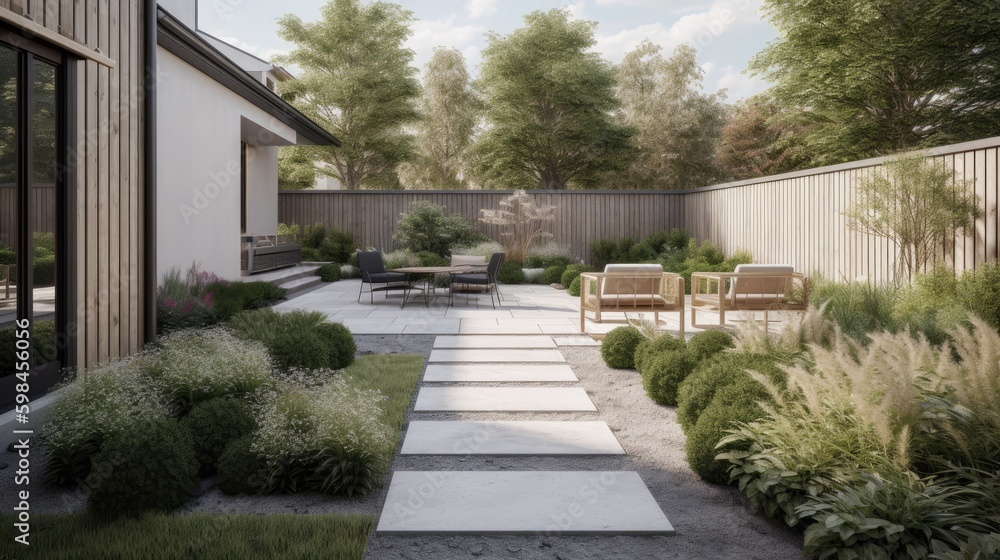 Minimalist backyard with a simple patio and native landscaping, generative ai