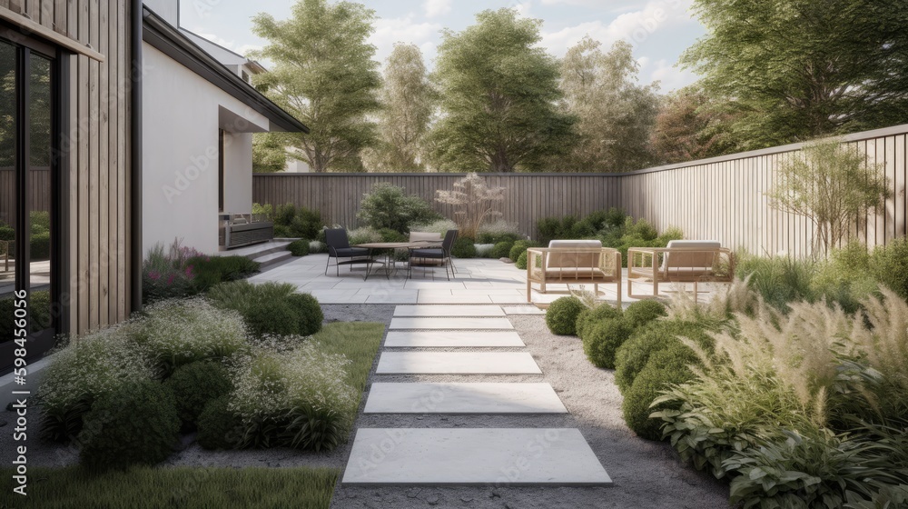 Minimalist backyard with a simple patio and native landscaping, generative ai Minimalist backyard with a simple patio and native landscaping, generative ai