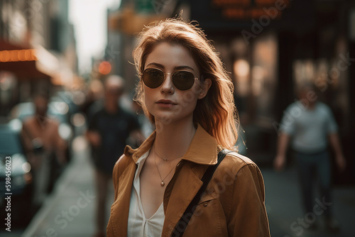 young adult woman in a big city on the sidewalk on a street, city life or city trip excursion or shopping tour. Generative AI