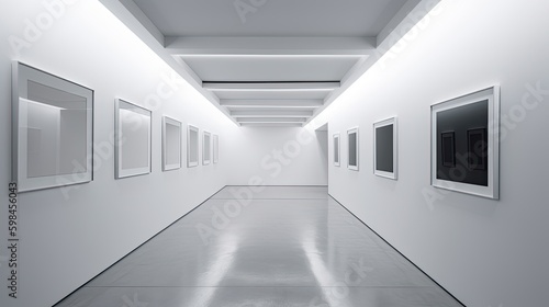 Minimalist art gallery with clean walls and minimal lighting, generative ai