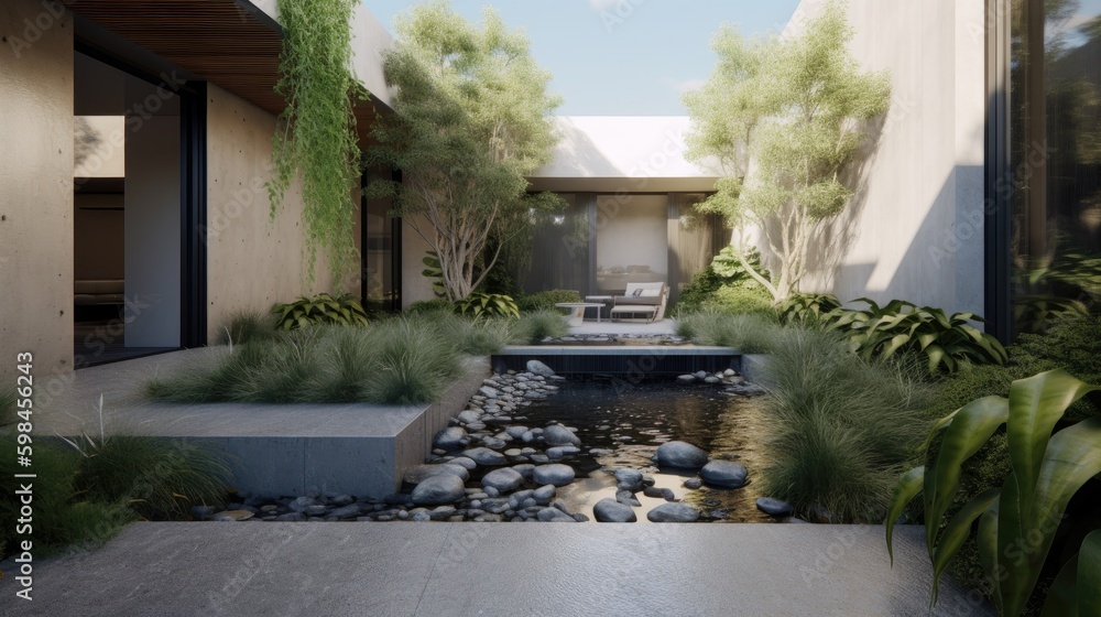 Minimalist courtyard with a sleek water feature and native plants ...