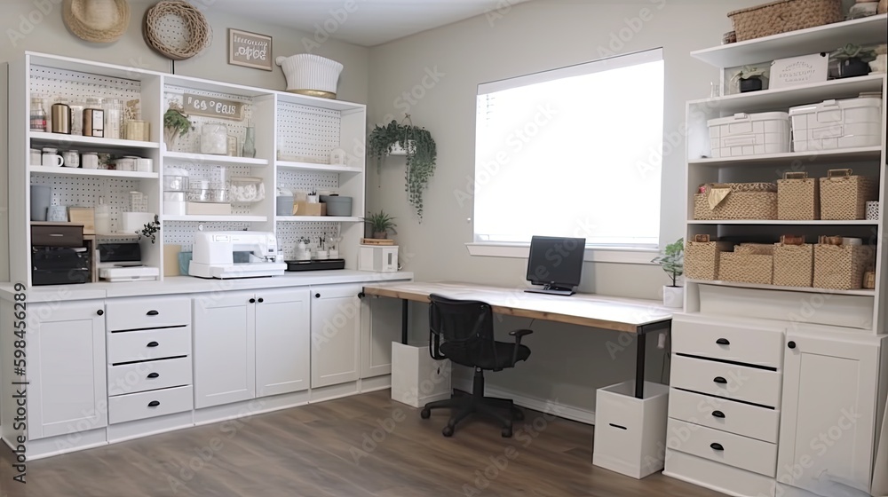 Minimalist craft room with organized storage and a clean workspace, generative ai Minimalist craft room with organized storage and a clean workspace, generative ai