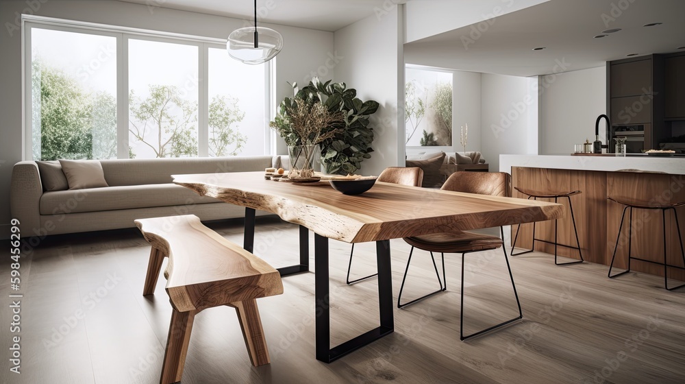 Minimalist dining room with a live edge table and simple chairs, generative ai Minimalist dining room with a live edge table and simple chairs, generative ai