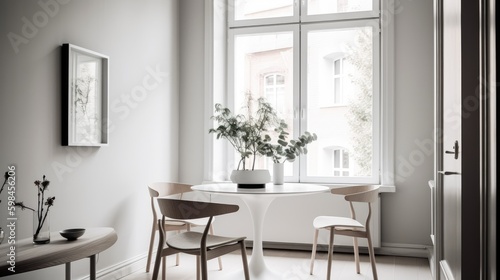 Minimalist breakfast nook with a simple round table and chairs  generative ai