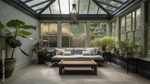 Minimalist conservatory with a simple seating area and natural light. generative ai