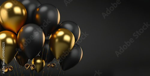 Bunch of black and golden balloons on dark background. Party decoration. Generative AI