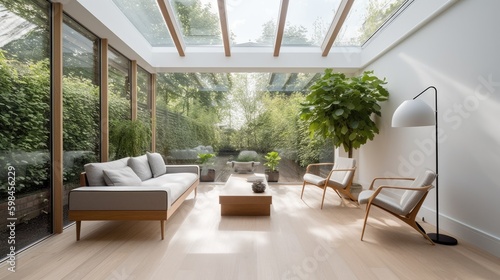 Minimalist conservatory with a simple seating area and natural light. generative ai