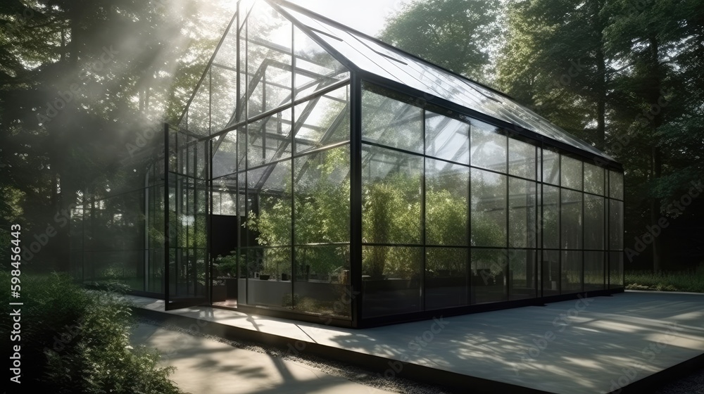 Minimalist greenhouse with clean lines and a modern design, generative ai
