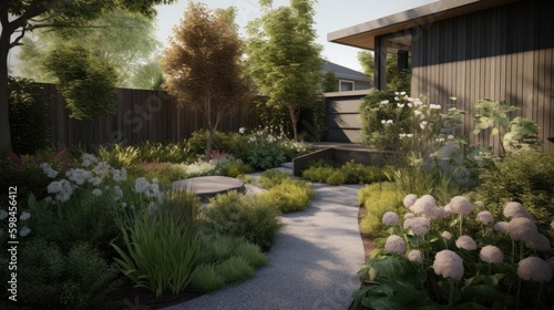 Minimalist garden with a simple design and native plants, generative ai