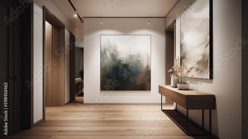 Minimalist hallway with a statement art piece and minimal lighting  generative ai