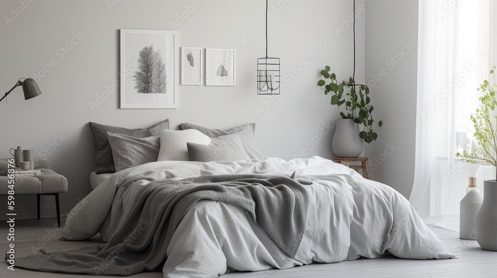 White and gray minimalist bedroom with cozy linens, generative ai White and gray minimalist bedroom with cozy linens, generative ai