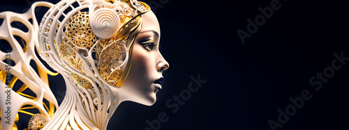 Portrait of female humanoid robot made of white plastic and glass. Android face. Synthetic life. Generative AI