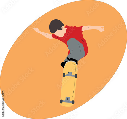 Vector niño saltando en skate sobre fonde de ovalo naranja