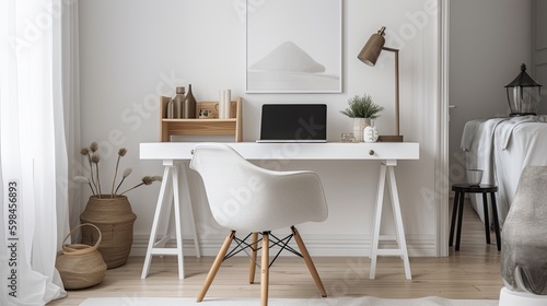 Minimalist home office with a clean, white desk and modern chair, generative ai © Creative Station