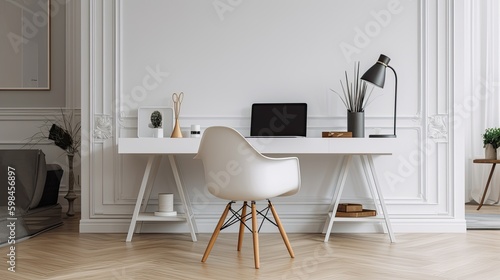 Minimalist home office with a clean, white desk and modern chair, generative ai © Creative Station