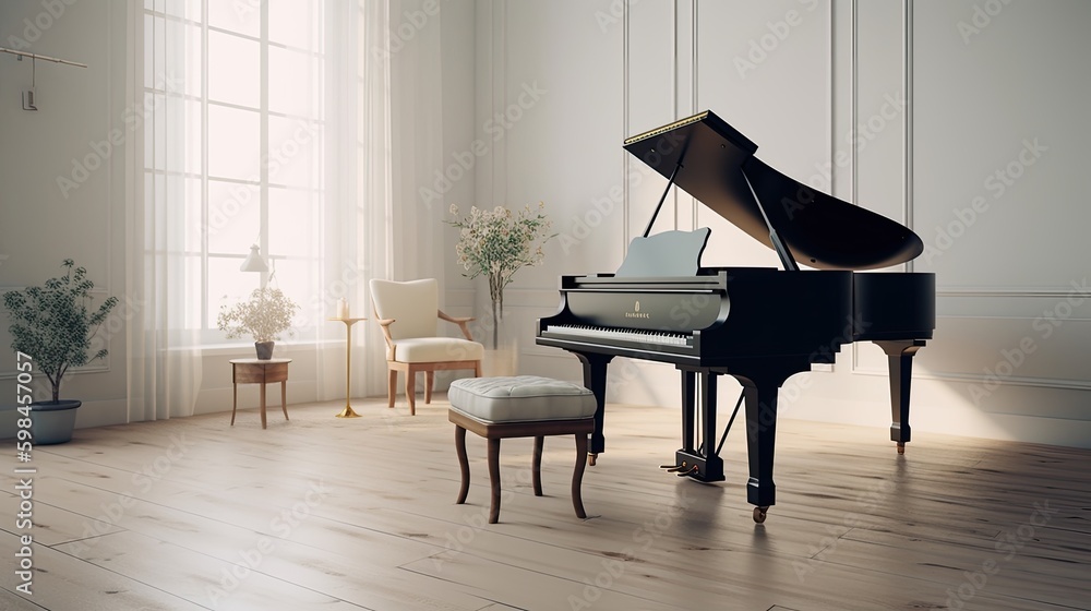 Minimalist music room with a grand piano and simple acoustics ...