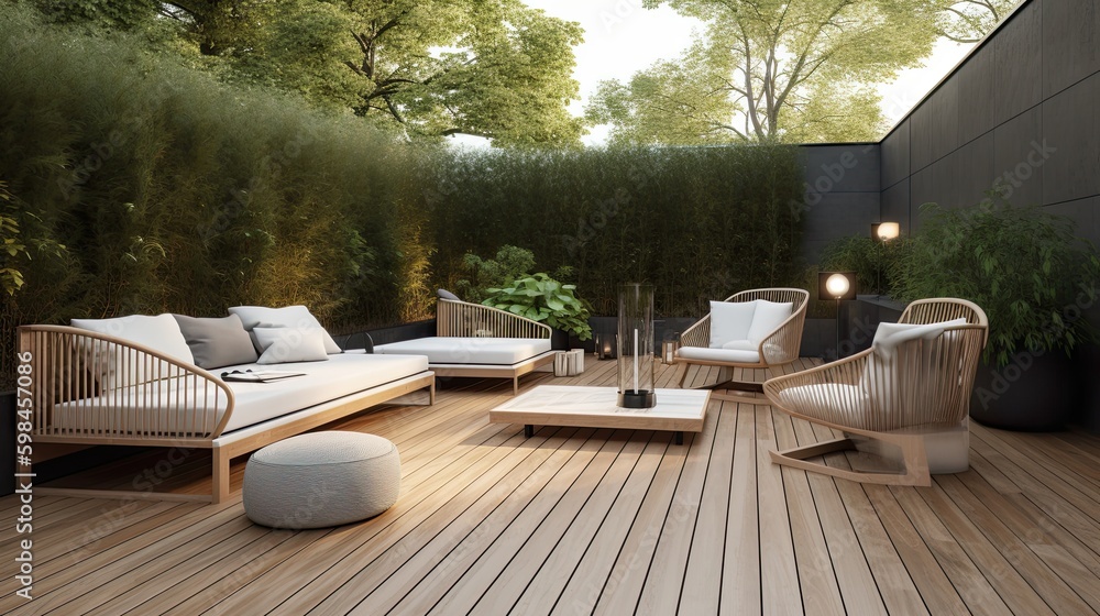Minimalist outdoor deck with simple furniture and modern lighting, generative ai - obrazy, fototapety, plakaty 