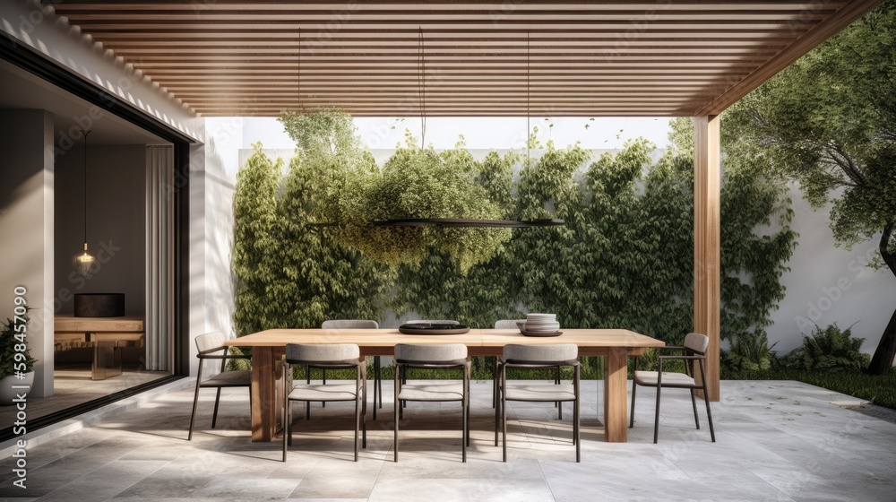 Minimalist outdoor dining area with a simple pergola and modern furniture, generative ai