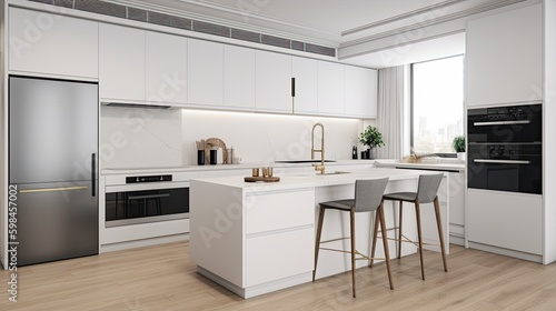 Minimalist kitchen with white cabinetry and stainless steel appliances, generative ai © Creative Station