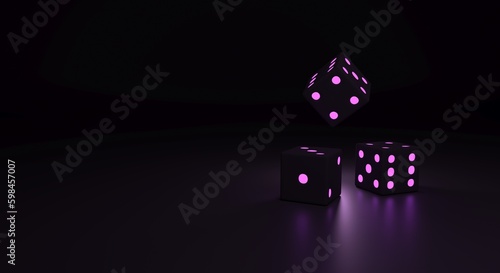 casino dice, dice being thrown on a dark background with illuminated neow numbers, casino flyer, game banner, online game (3d illustration)