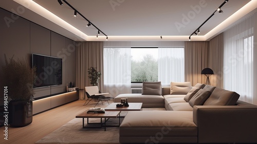 Minimalist living room with a minimalist design and modern lighting, generative ai © Creative Station