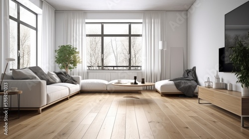 Minimalist living room with white walls and wooden floor, generative ai © Creative Station