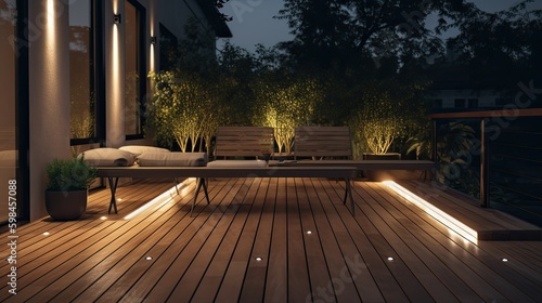 Minimalist outdoor deck with simple furniture and modern lighting  generative ai