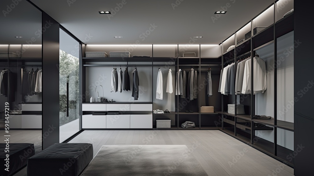 Minimalist walk-in closet with sleek storage solutions and a modern ...