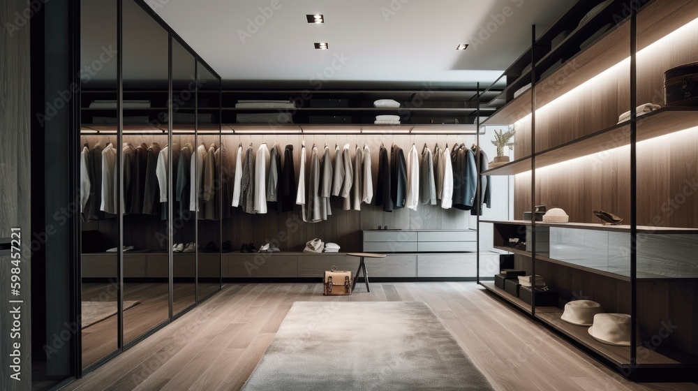 Minimalist walkin closet with sleek storage solutions and a modern